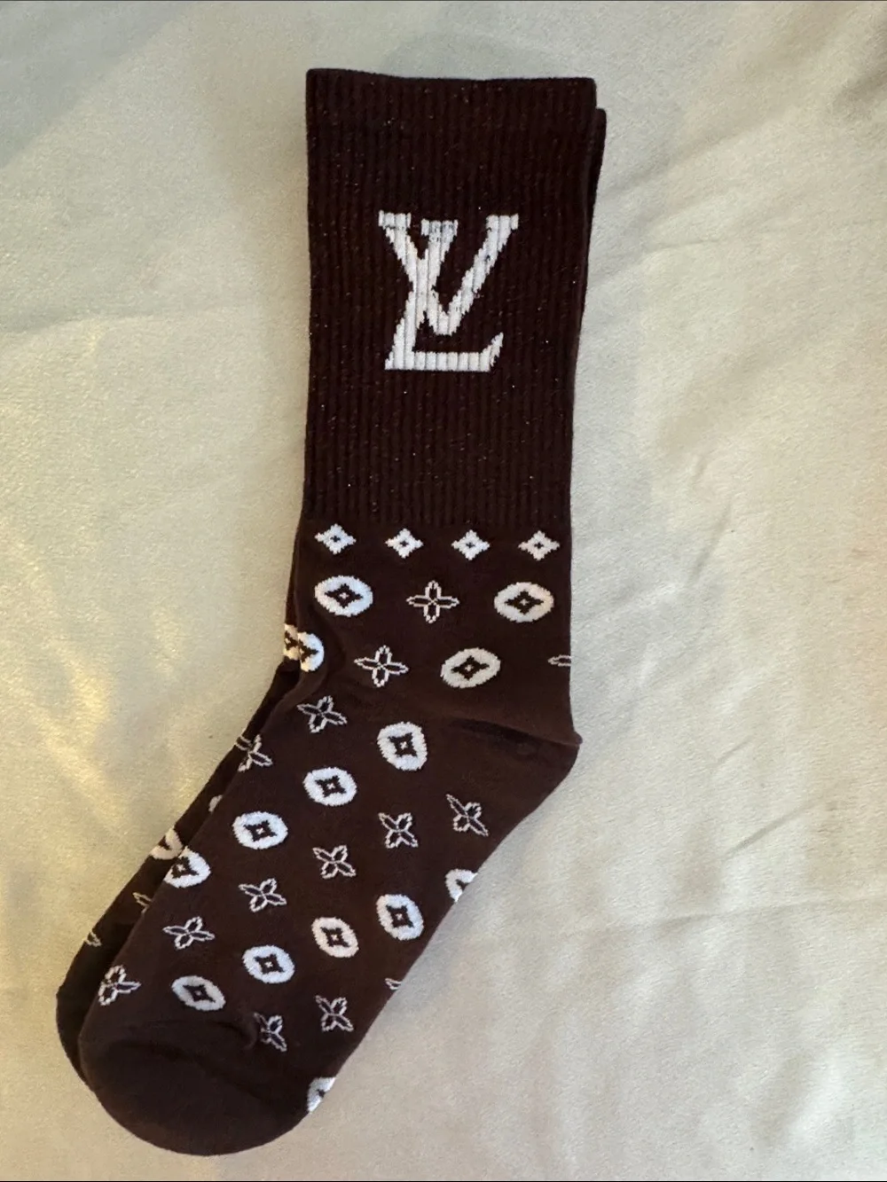 New! Louis Vuitton Brown Crew Socks with White Monogram